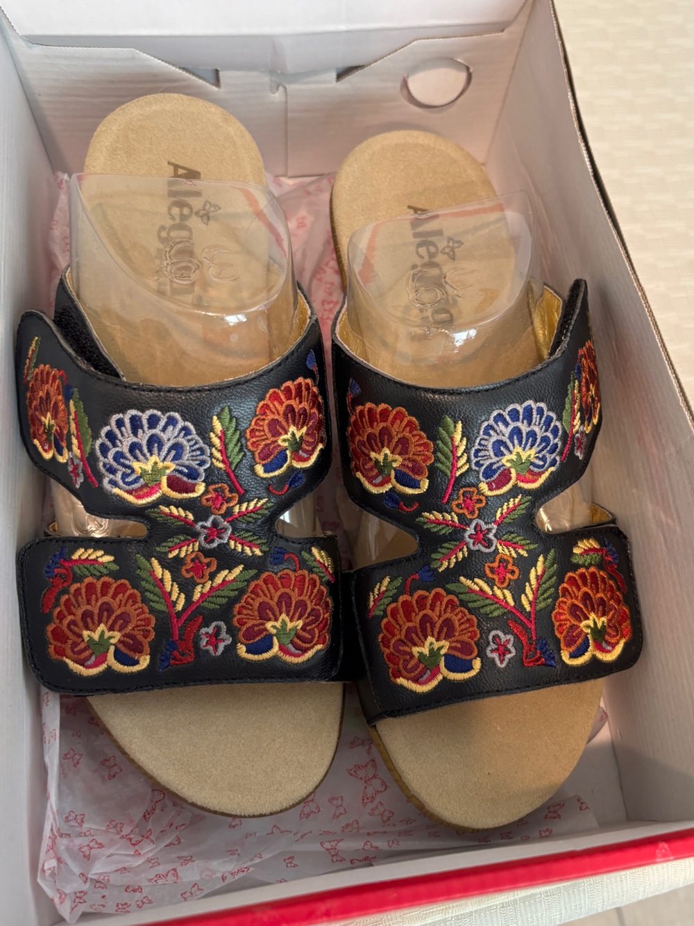 Alegria Black Slide Sandals with Multicolor Floral Embroidery
